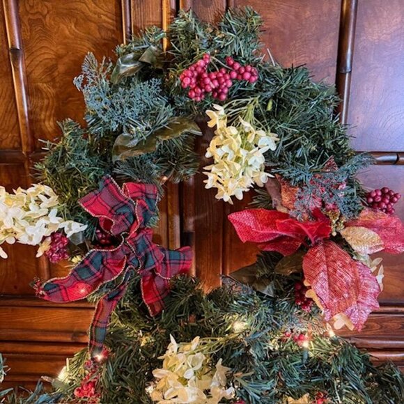 2pc 20" Red Tartan Plaid Bow White Flower Wreath Matching 18ft Pinecone Garland - Picture 3 of 14